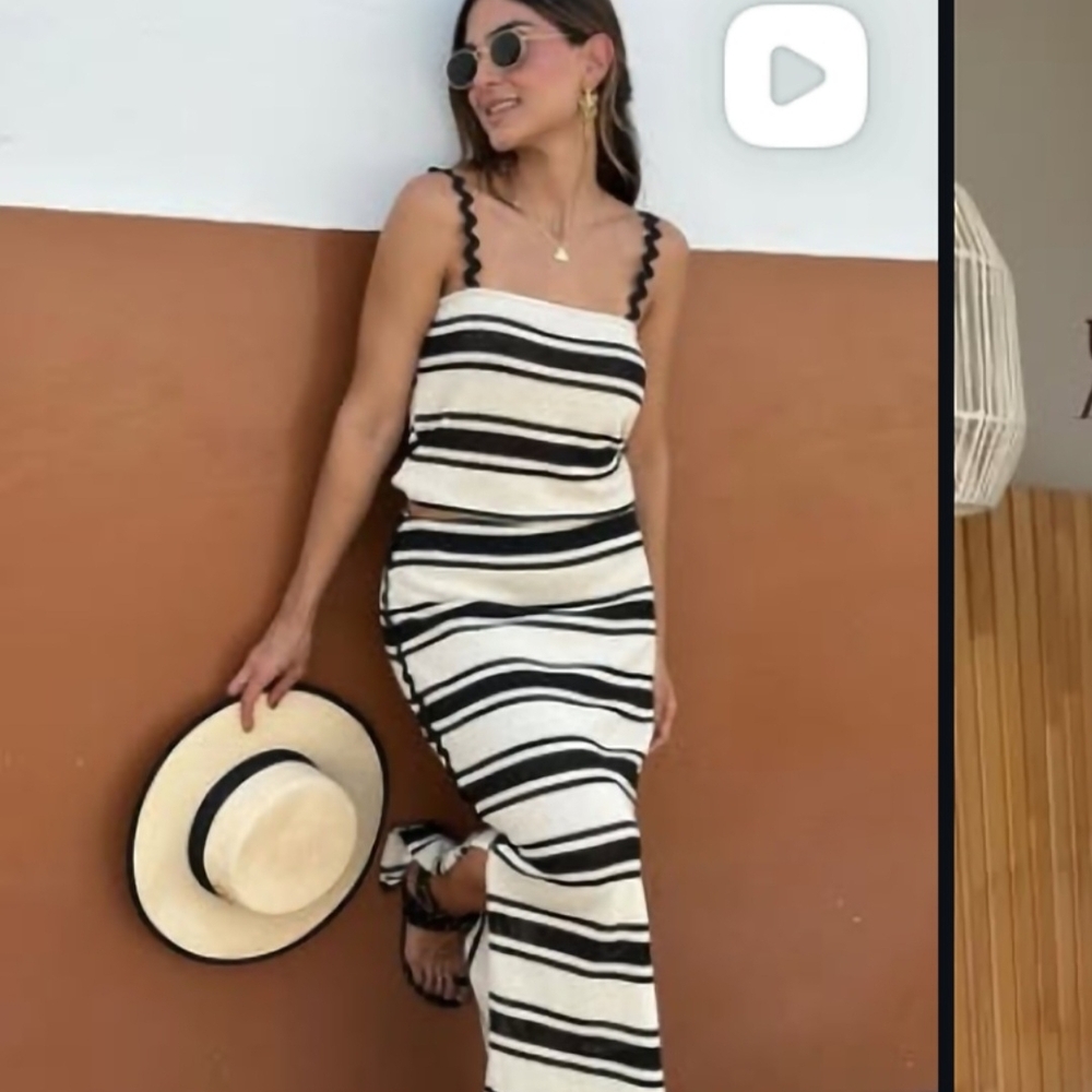 VIDA MIA Striped Black & Cream Maxi Skirt With Crop Tank with Scalloped Straps.